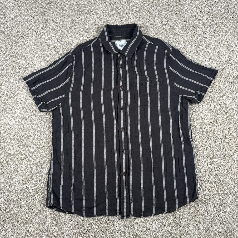 Katin Shirt Mens XL‎ Black White Striped Short Sleeve Button Front Linen Casual